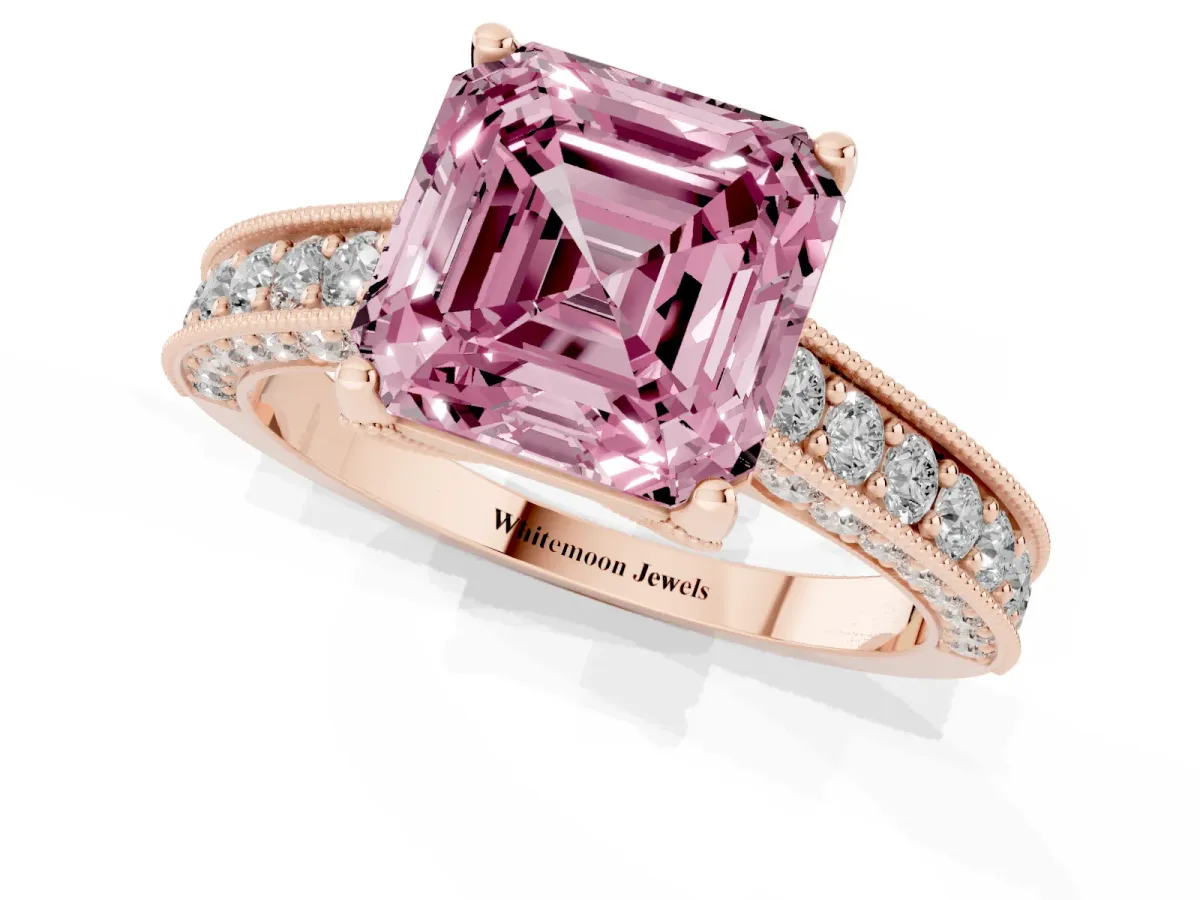 Fancy Pink Asscher Cut Cut Diamond Solitaire Ring with Milgrain Pave Band and Four Prong Setting Rose gold