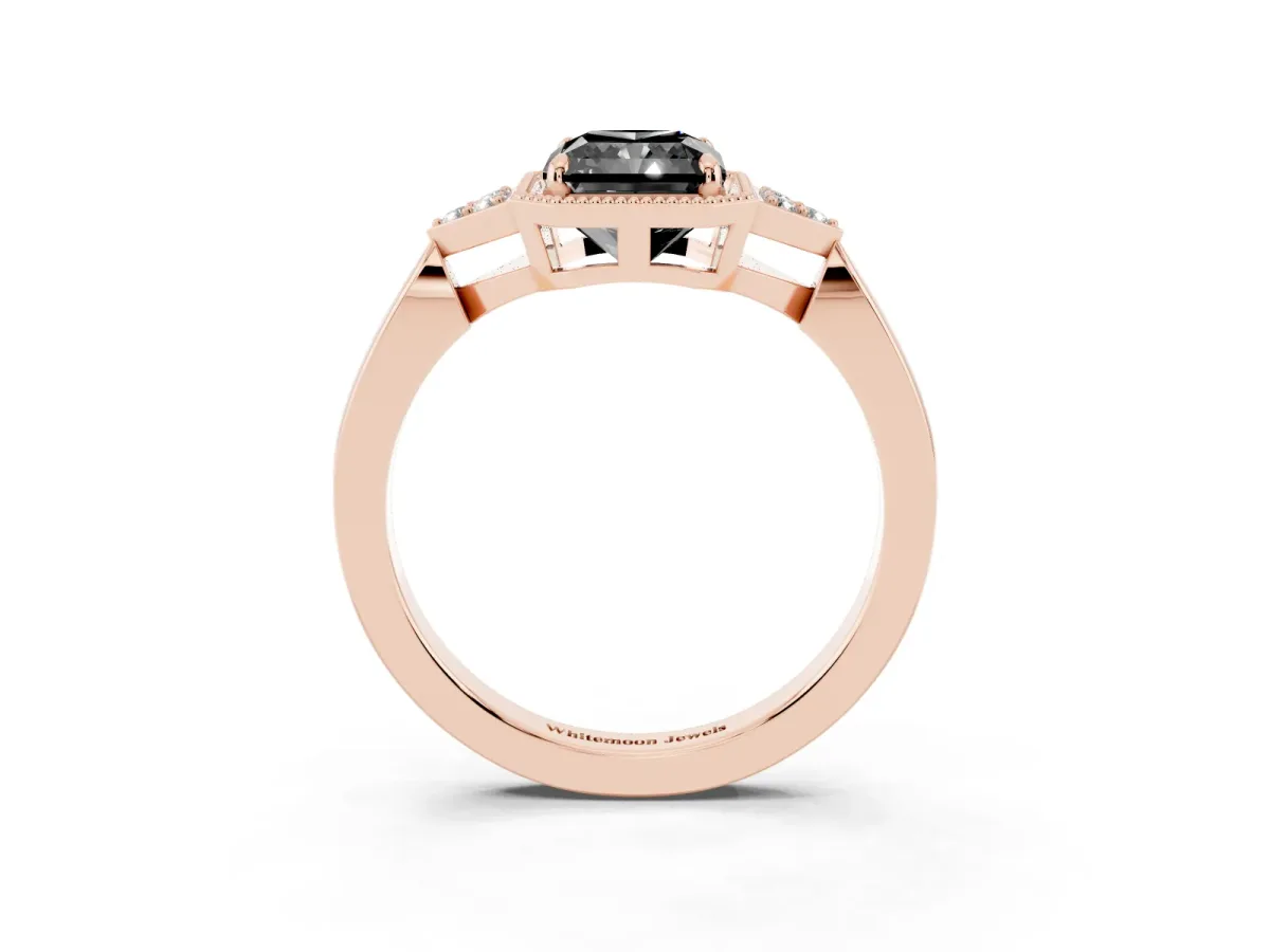 Fancy Black Hexagonal Halo Radiant Cut Diamond Solitaire with Pavé Band and Four-Prong Setting Rose gold