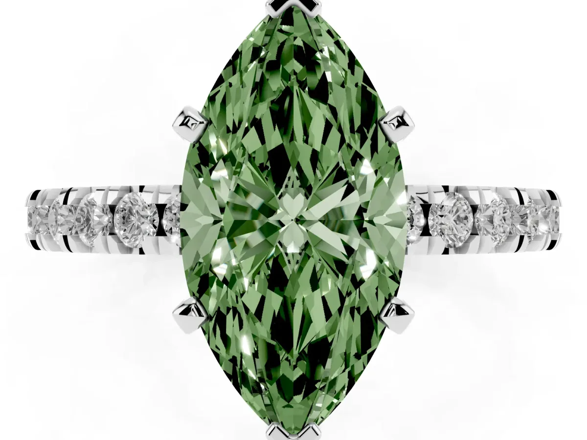 Fancy Green Marquise Cut Diamond Pavé Band Solitaire with Four-Prong Setting Silver