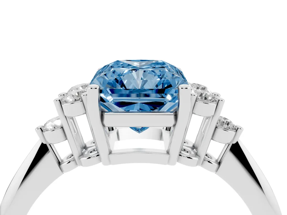 Fancy Blue Radiant Cut Cut Diamond Cluster Ring with Solitaire Band and Four-Prong Setting Silver