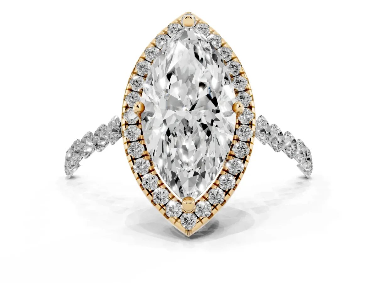 Marquise Cut Halo Pavé Diamond Engagement Ring with Four-Prong Setting Yellow gold