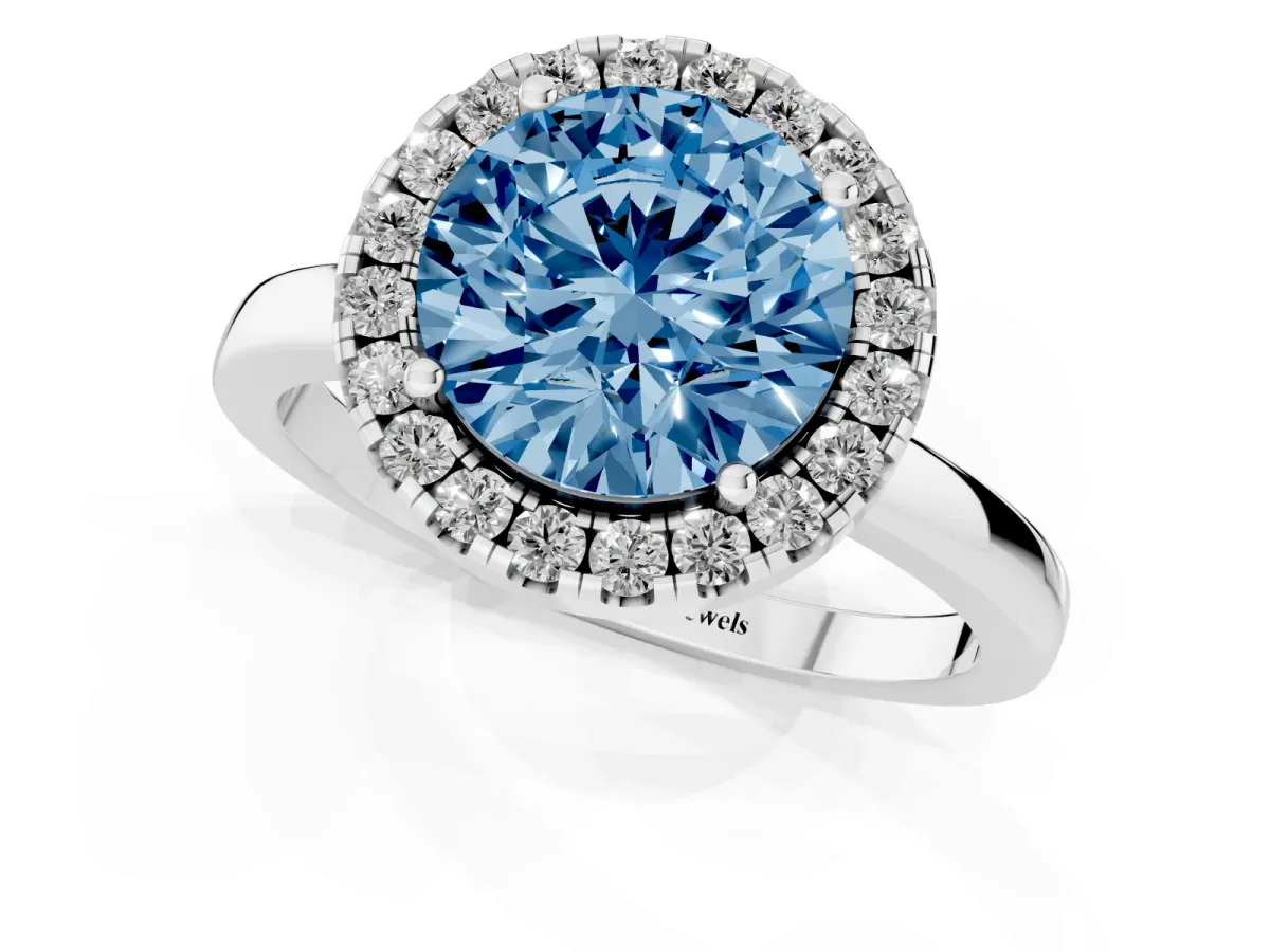 Fancy Blue Round Cut Halo Diamond Solitaire with Pavé Band and Four-Prong Setting Silver