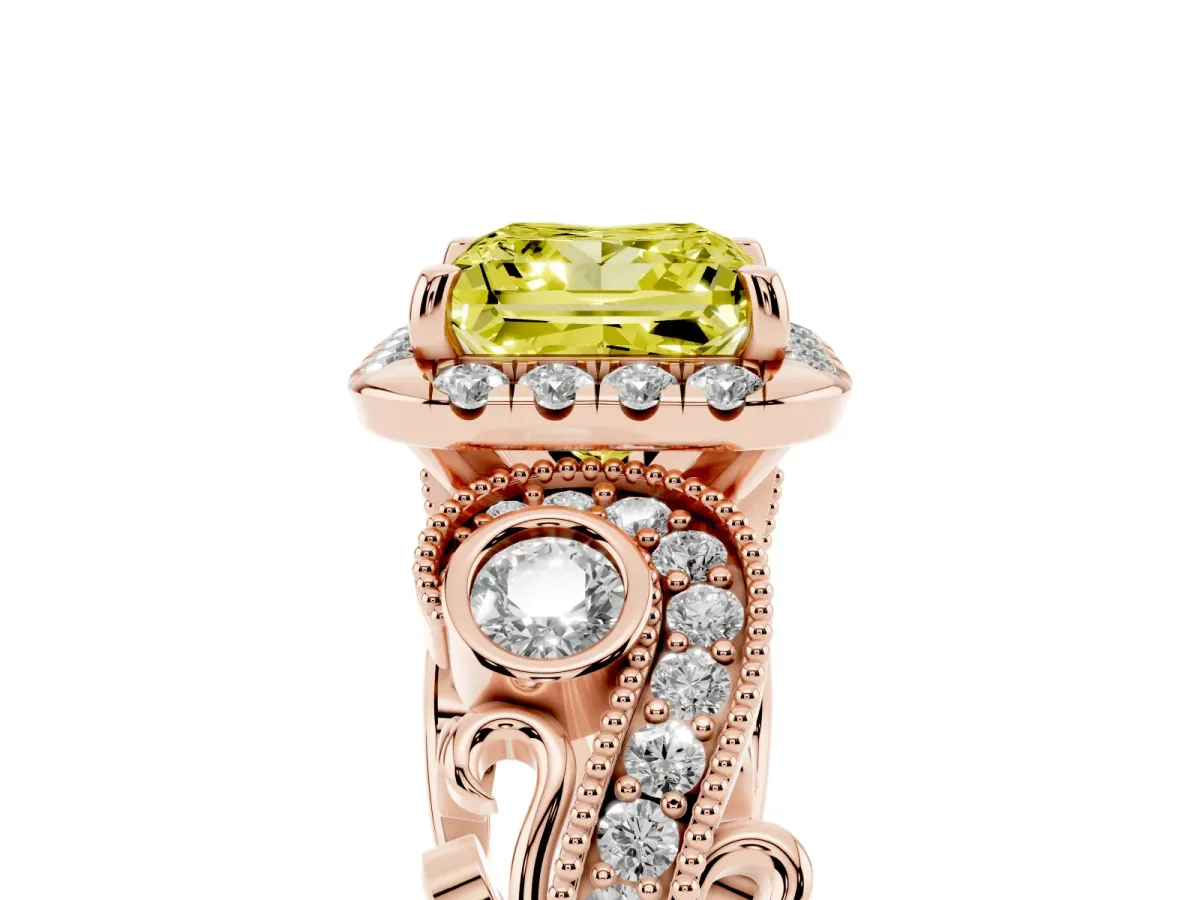 Fancy Yellow Princess Cut Diamond Halo Ring with Milgrain Pavé Band and Four-Prong Setting Rose gold