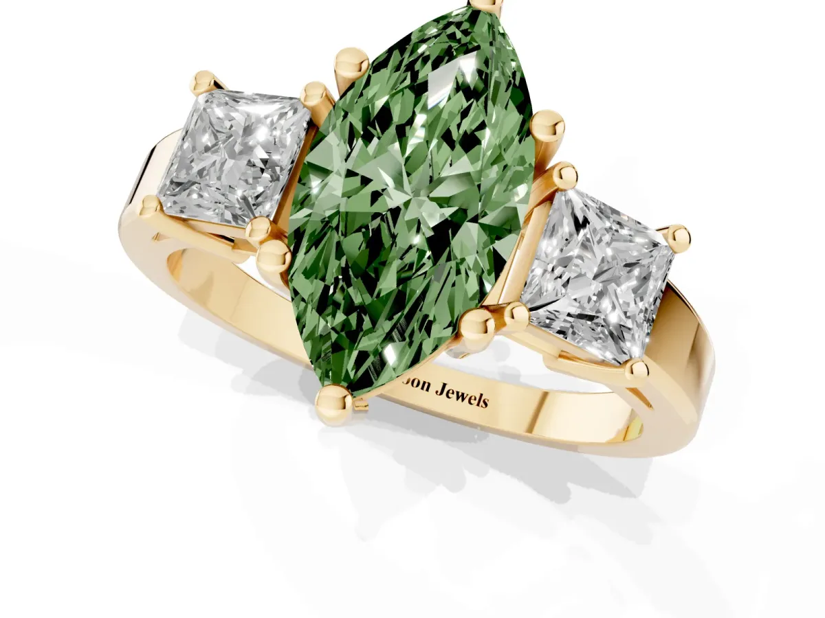 Fancy Green Three-Stone Marquise Cut Cut Solitaire Ring with Prong Setting Yellow gold