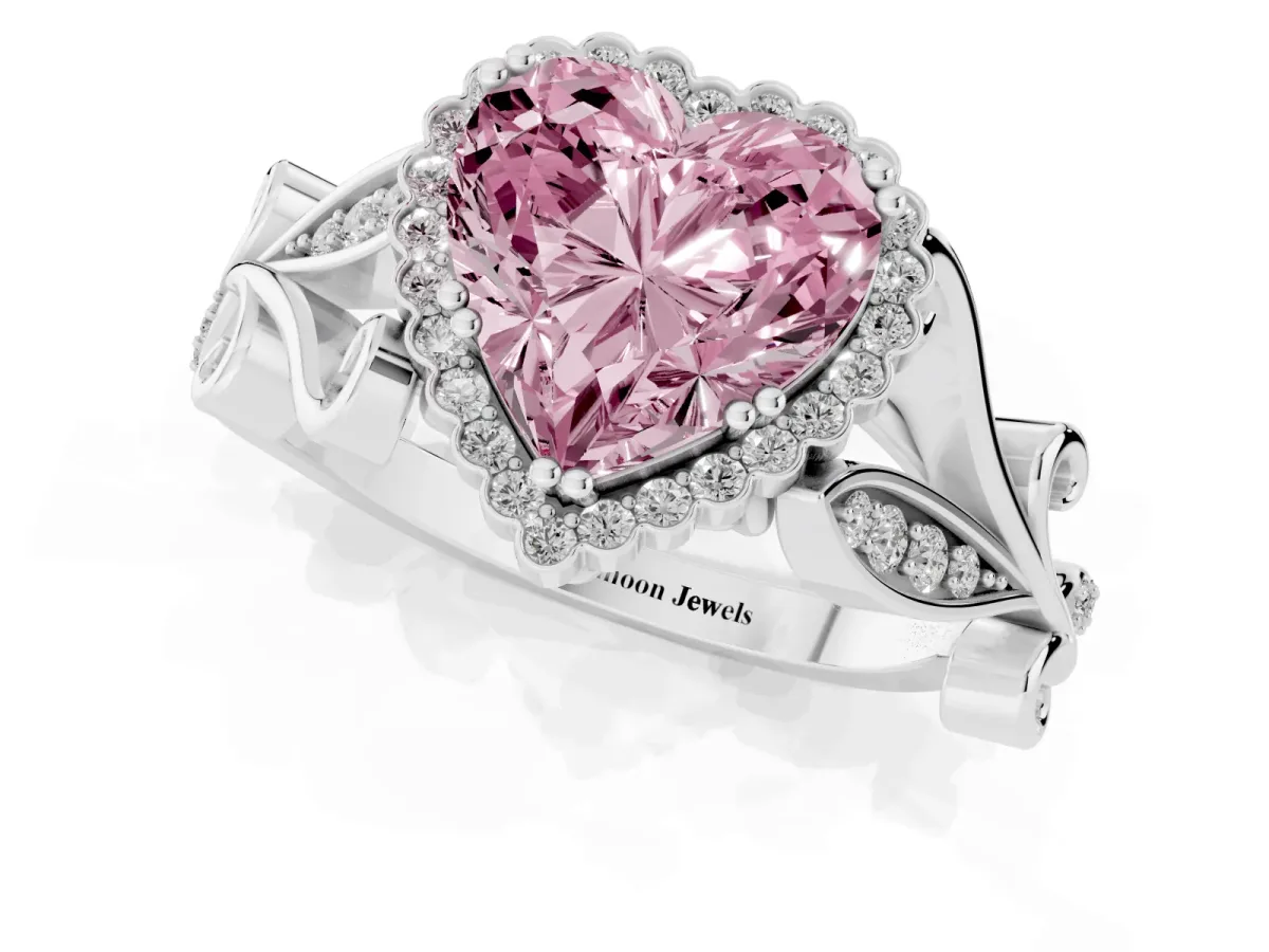 Fancy Pink Heart Cut Diamond Halo Ring with Vintage Split Shank and Four-Prong Setting Silver