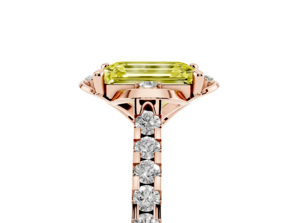 Fancy Yellow Emerald Cut Diamond Ring with Pavé Band and Floral Prong Setting Rose gold