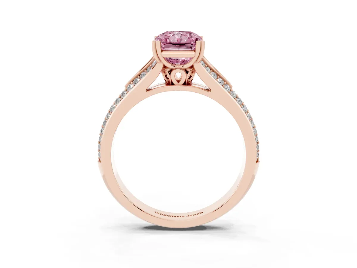 Fancy Pink Radiant Cut Diamond Split Shank Engagement Ring with Pavé Band Rose gold