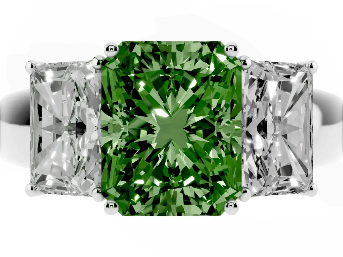 Fancy Green Three-Stone Radiant Cut Cut Diamond Ring with Prong Setting and Classic Band Silver