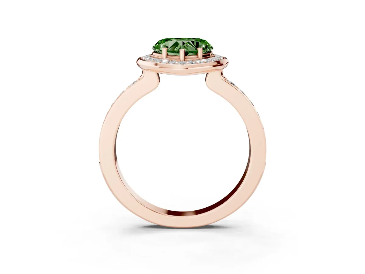Fancy Green Heart Cut Diamond Halo Ring with Bezel Frame and Pavé Band Rose gold