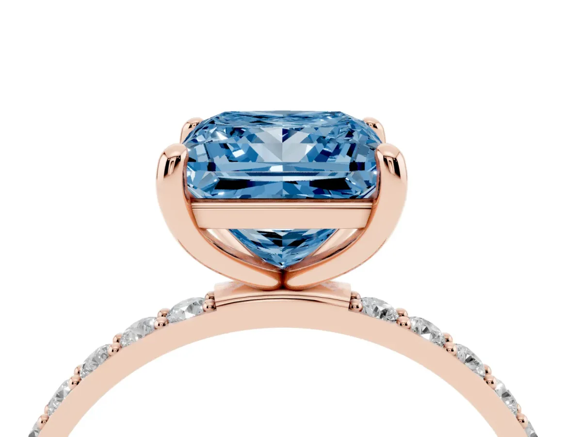 Fancy Blue Princess Cut Diamond Solitaire Ring with Round Pavé Band and Prong Setting Rose gold