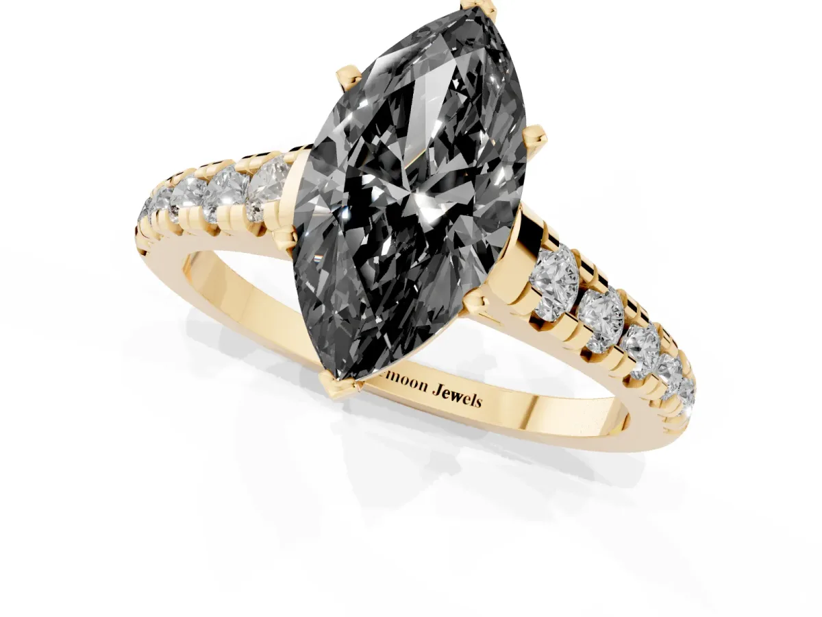 Fancy Black Marquise Cut Diamond Cathedral Solitaire Ring with Round Pavé Band Yellow gold