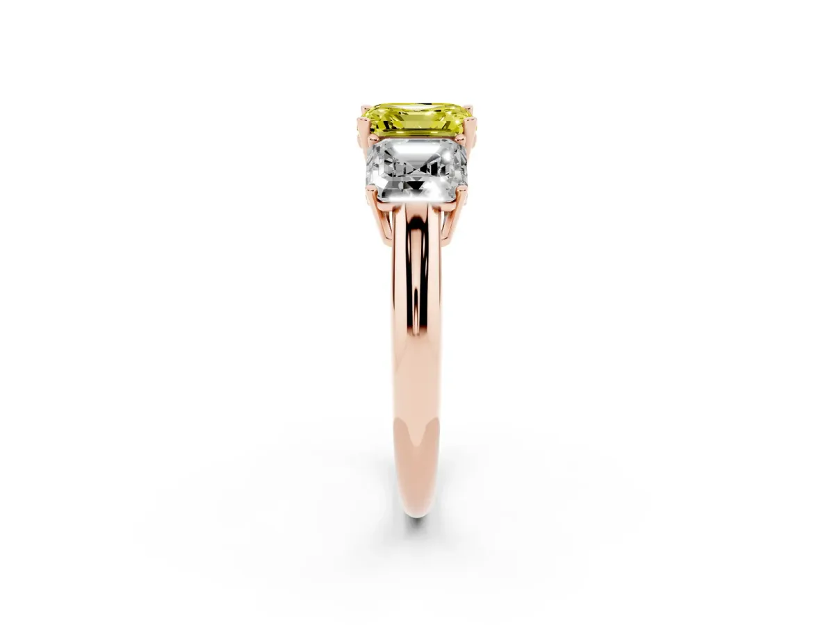Fancy Yellow Three-Stone Asscher Cut Cut Diamond Engagement Ring with Prong Setting on a White Gold Band Rose gold