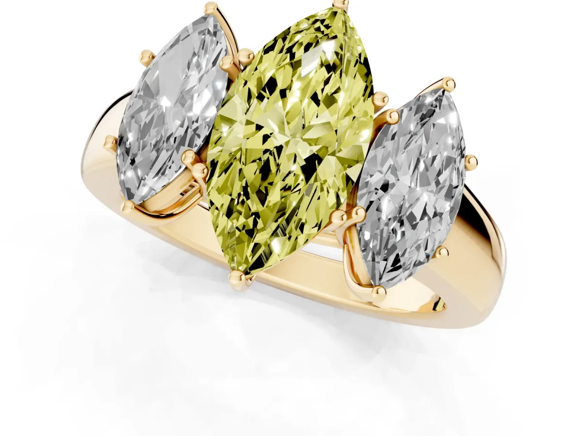 Fancy Yellow Three-Stone Marquise Cut Cut Diamond Ring with Prong Setting and Classic Band Yellow gold