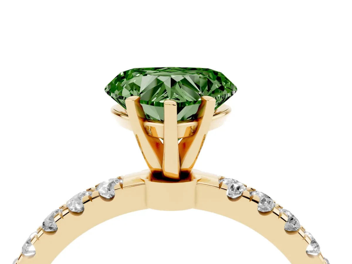 Fancy Green Heart Cut Diamond Solitaire Ring with Pavé Accents and Four-Prong Setting Yellow gold