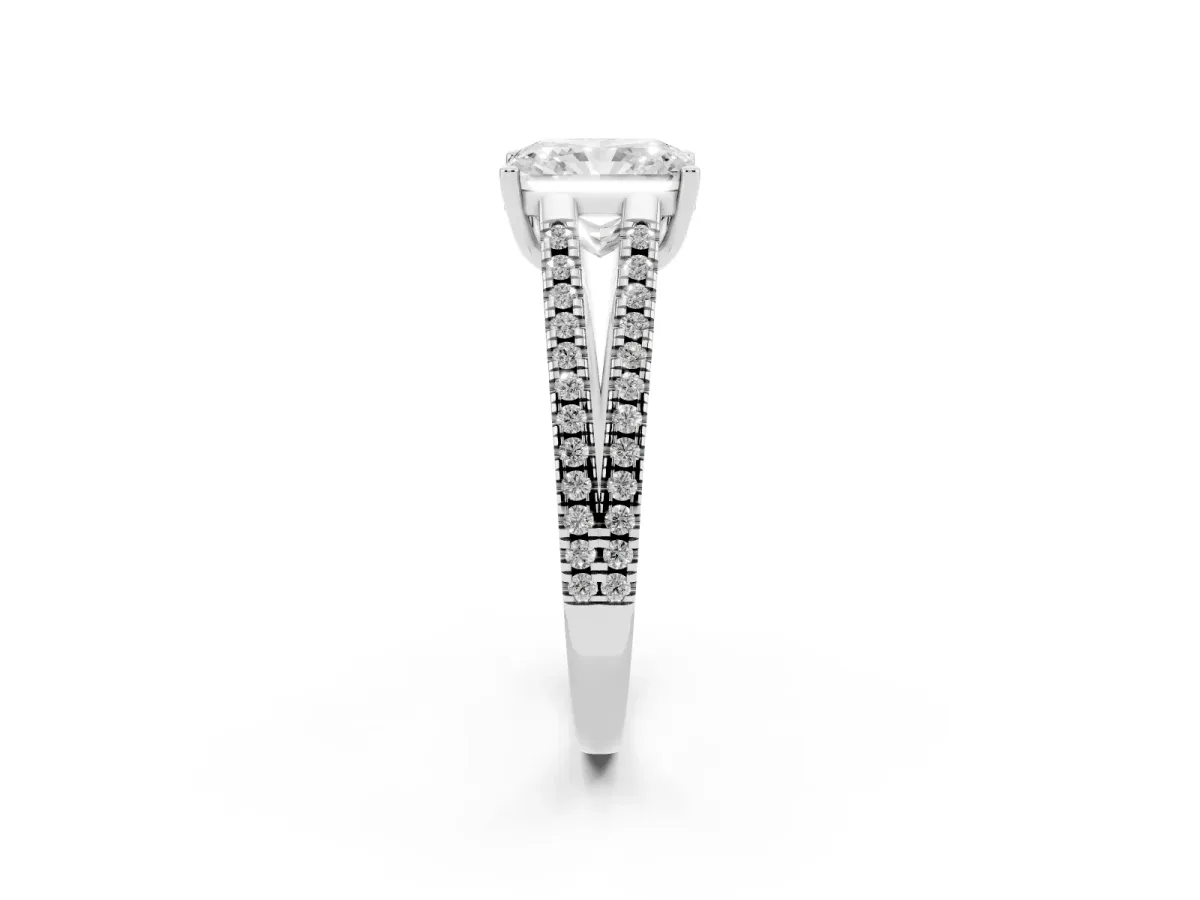 Radiant Cut Diamond Solitaire Engagement Ring with Split Shank Pavé Band Silver