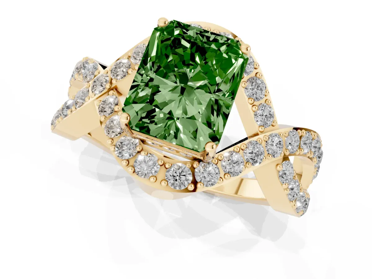Fancy Green Radiant Cut Solitaire Twist Band Pavé Diamond Engagement Ring Yellow gold