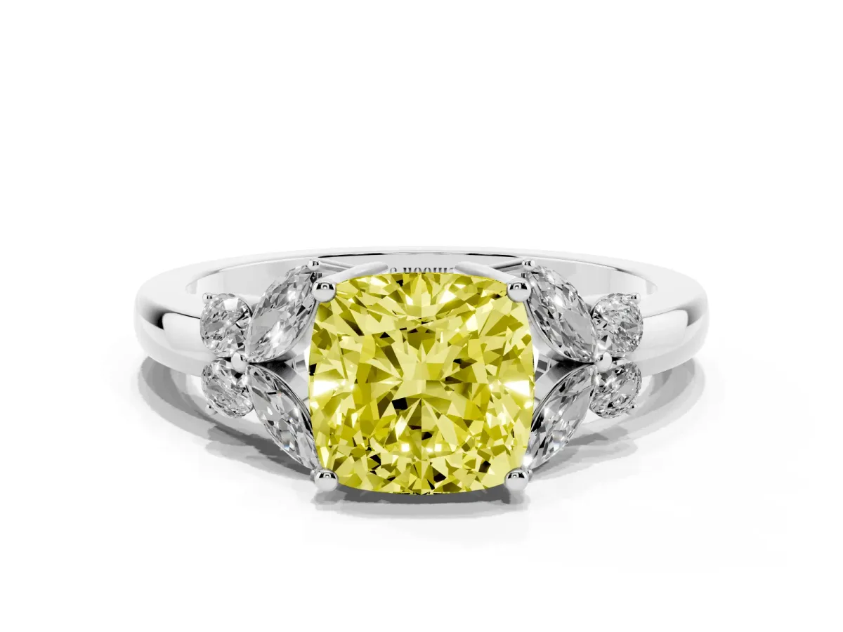 Fancy Yellow Cushion Cut Cut Solitaire Floral Diamond Ring with Four-Prong Setting Silver