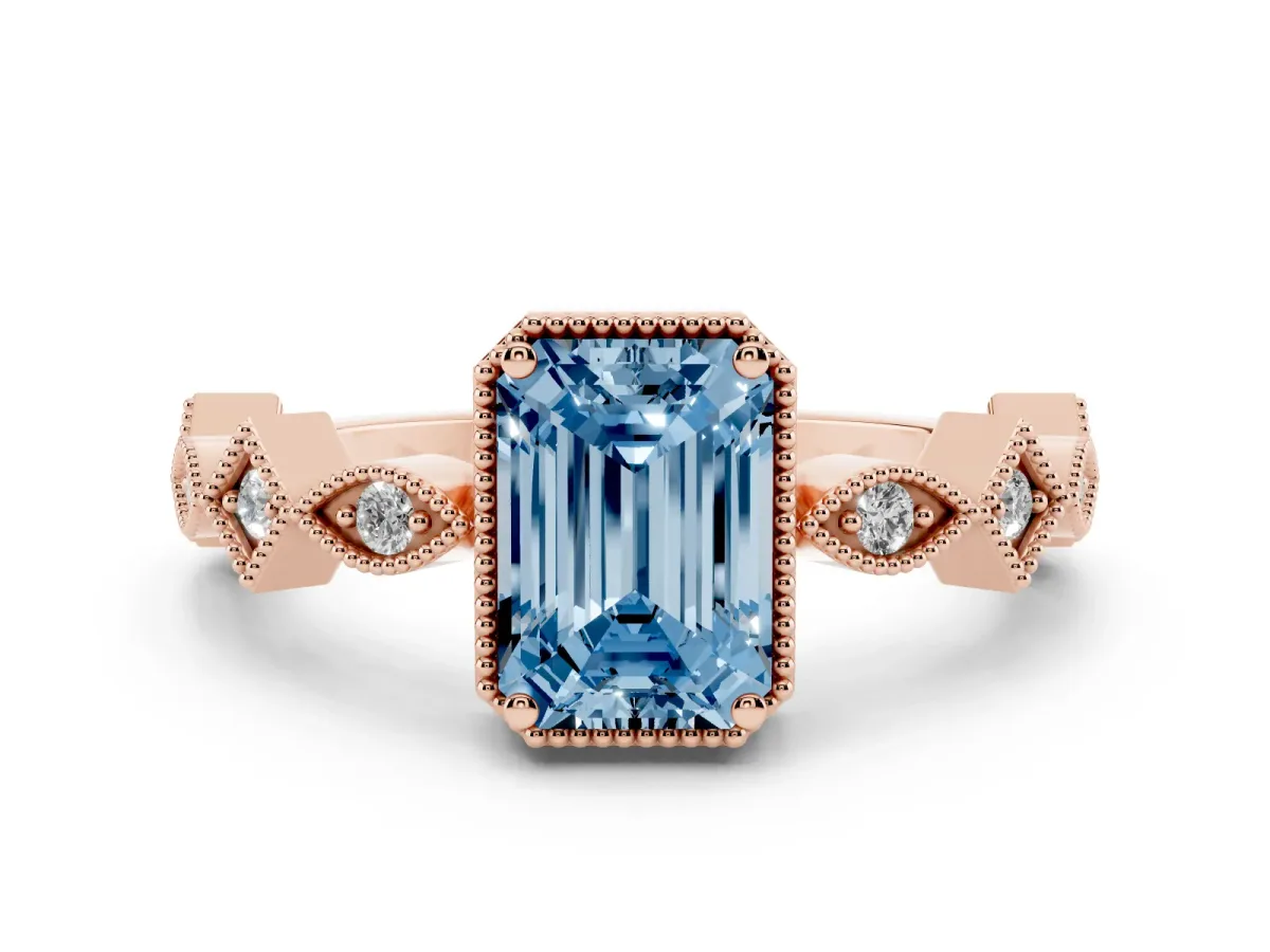 Fancy Blue Emerald Cut Milgrain Marquise Diamond Twist Band Ring Rose gold