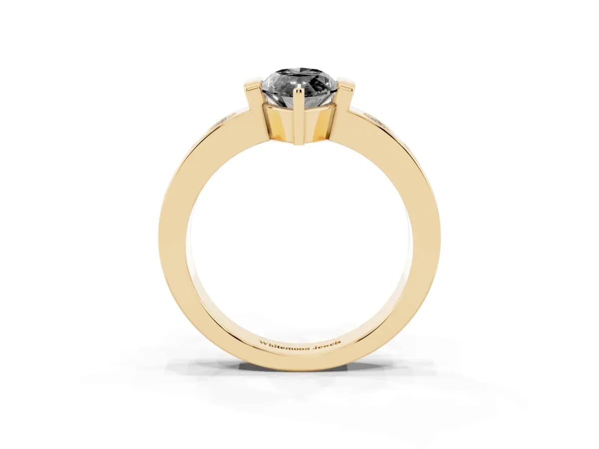 Fancy Black Marquise Cut Brilliant Channel-Set Diamond Ring with Bezel Prong Setting Yellow gold