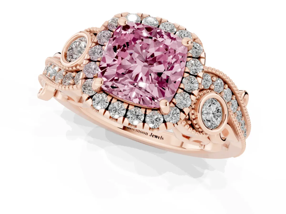 Fancy Pink Cushion Cut Diamond Halo Ring with Milgrain Pavé Band and Four-Prong Setting Rose gold