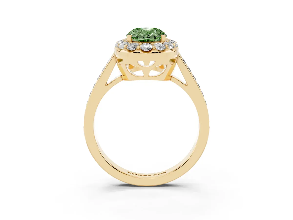 Fancy Green Oval Cut Diamond Floral Halo Ring with Pavé Band and Prong Setting Yellow gold
