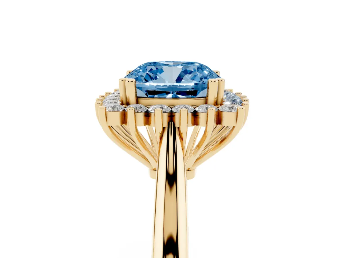 Fancy Blue Cushion Cut Cut Diamond Halo Ring with Solitaire Band and Prong Setting Yellow gold