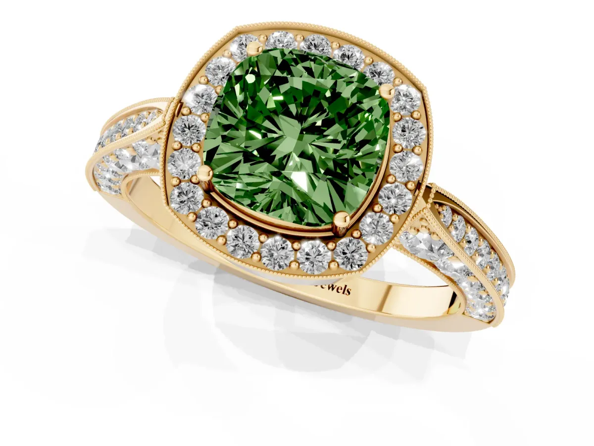 Fancy Green Cushion Cut Halo Diamond Engagement Ring with Split Shank Band and Four-Prong Setting Yellow gold