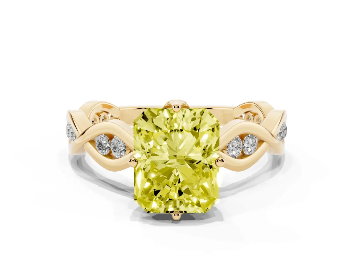 Fancy Yellow Radiant Cut Solitaire Twist Band with Leaf Prong Setting Yellow gold