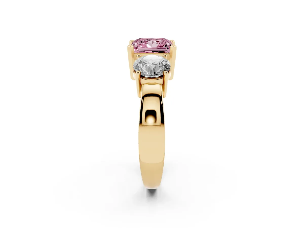 Fancy Pink Three-Stone Princess Cut Diamond Ring with Round Side Stones, Classic Band, and Four-Prong Setting Yellow gold