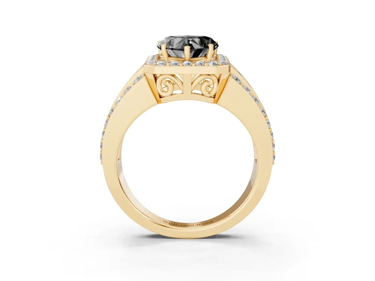 Fancy Black Heart Cut Halo Diamond Ring with Round Split Shank and Prong Setting Yellow gold