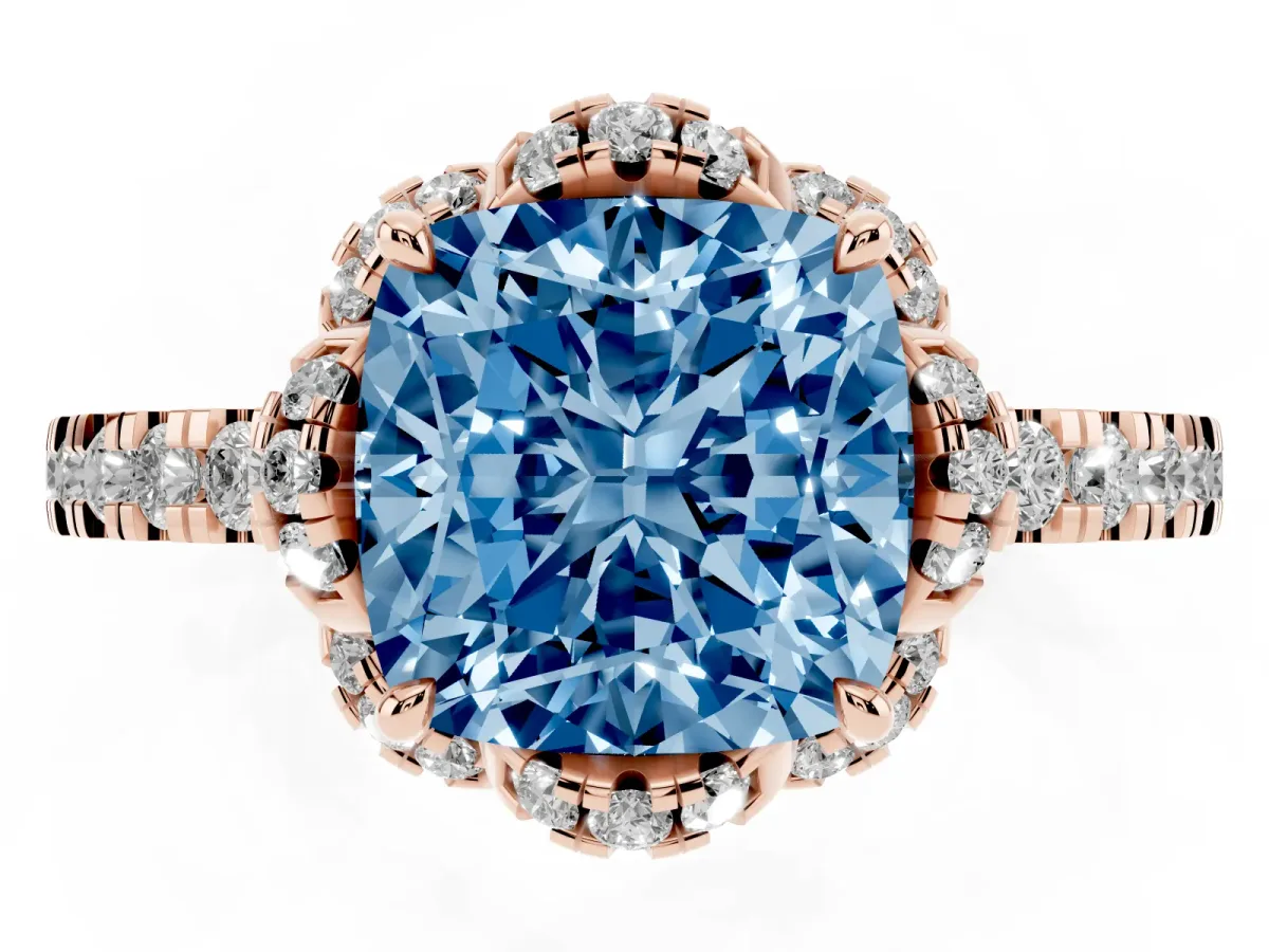 Fancy Blue Cushion Cut Diamond Halo Pave Band with Four-Prong Setting Rose gold