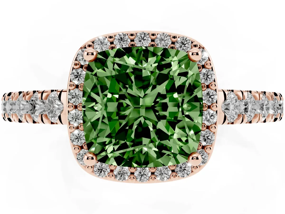 Fancy Green Cushion Cut Cut Halo Diamond Engagement Ring with Pave Band and Four-Prong Setting Rose gold