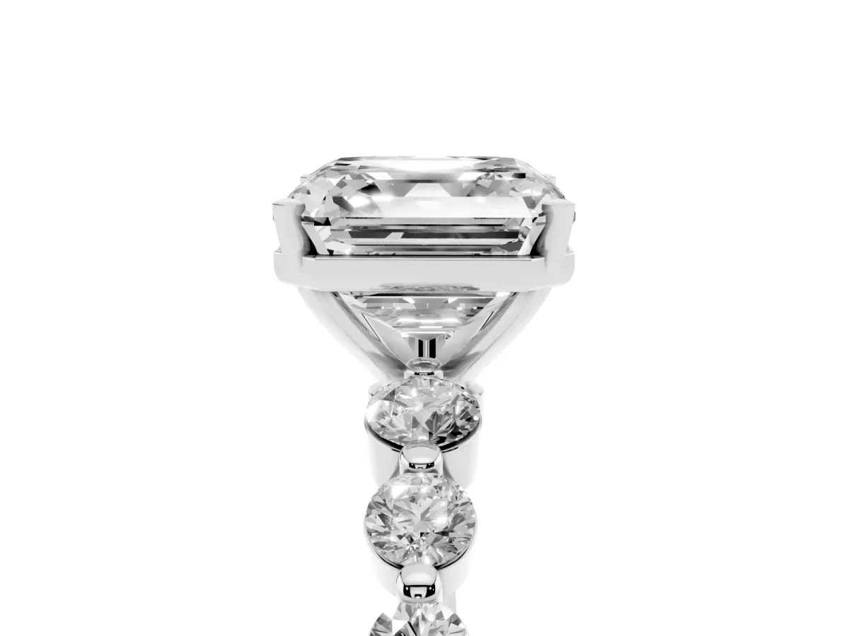 Asscher Cut Solitaire Diamond Ring with Pave Band and Four-Prong Setting Silver