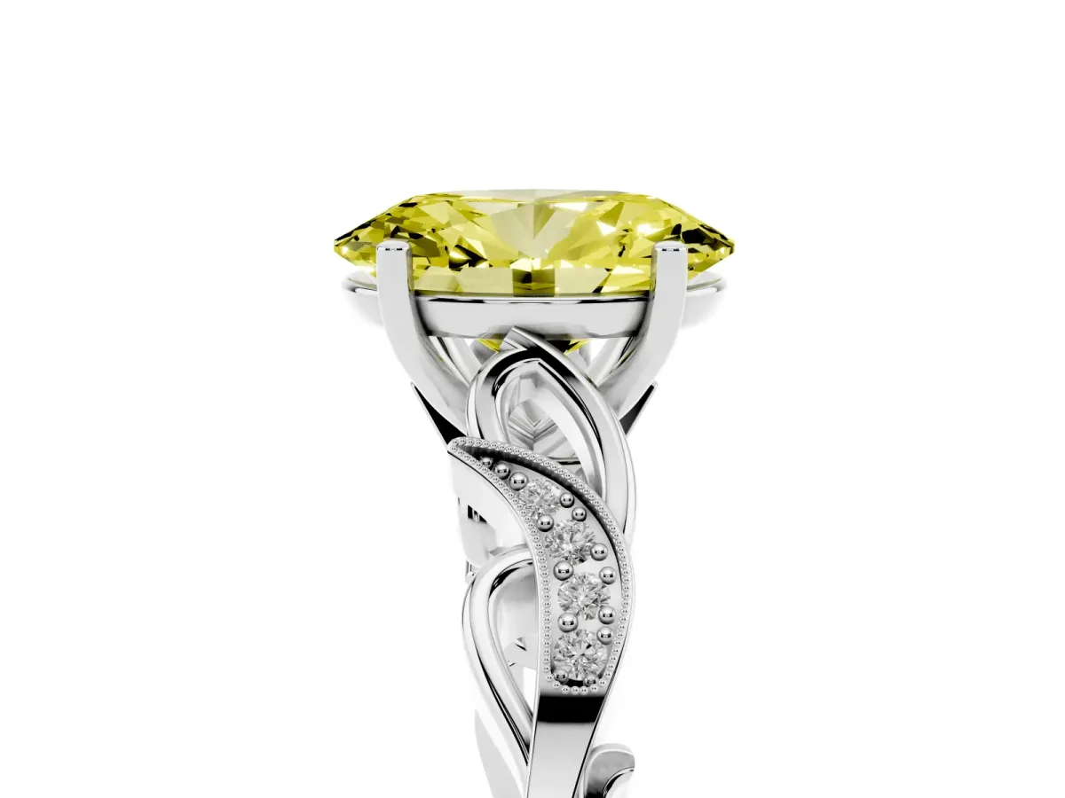 Fancy Yellow Oval Cut Solitaire Vine Band with Milgrain Prong Setting Silver