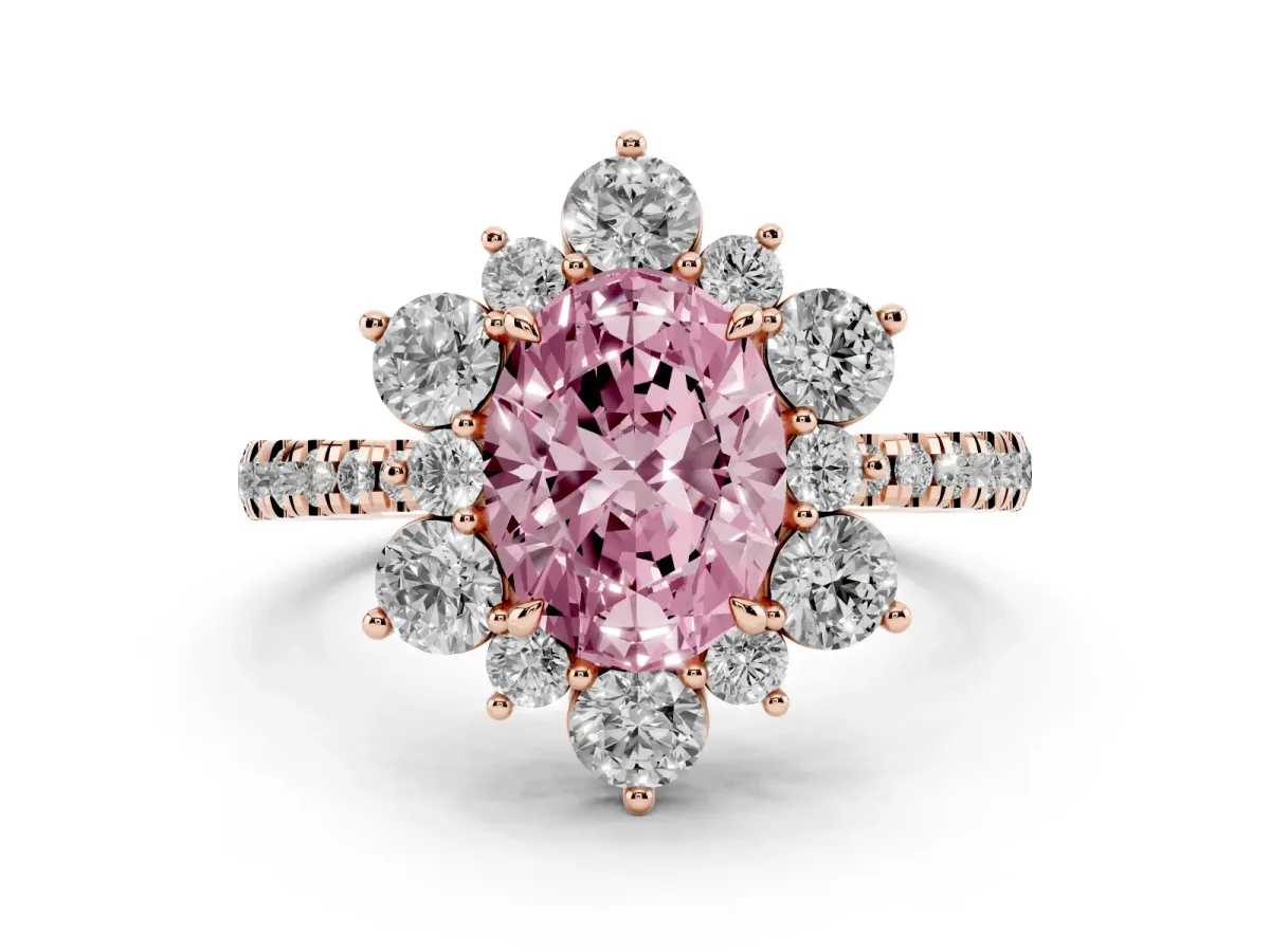 Fancy Pink Oval Cut Diamond Floral Halo Ring with Round Pavé Band and Prong Setting Rose gold