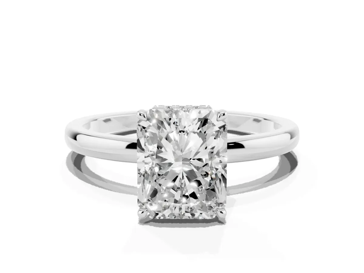 Radiant Cut Solitaire Engagement Ring with Cathedral Band and Four-Prong Setting White gold