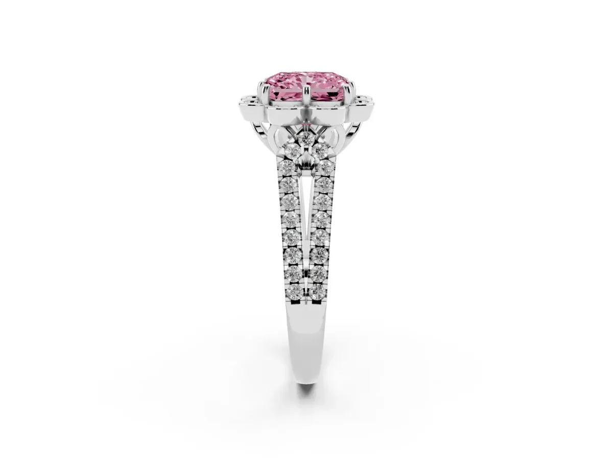 Fancy Pink Radiant Cut Halo Diamond Floral Split Shank Engagement Ring Platinum