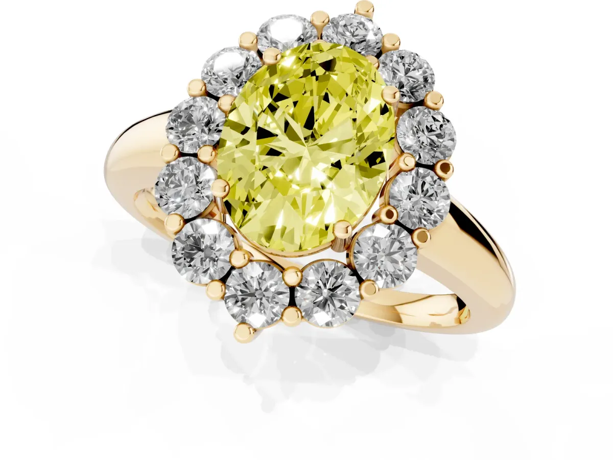 Fancy Yellow Oval Cut Halo Cluster Diamond Engagement Ring with Prong Setting and Polished Band Yellow gold