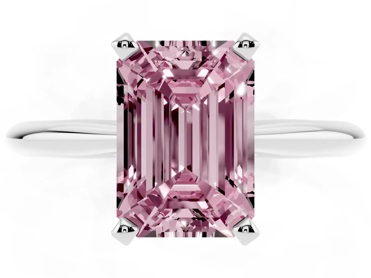 Fancy Pink Emerald Cut Cut Solitaire Ring with Four-Prong Setting on a Classic Band Platinum