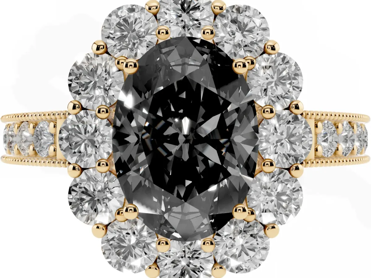 Fancy Black Oval Cut Cut Halo Diamond Pavé Engagement Ring with Milgrain Detailing Yellow gold