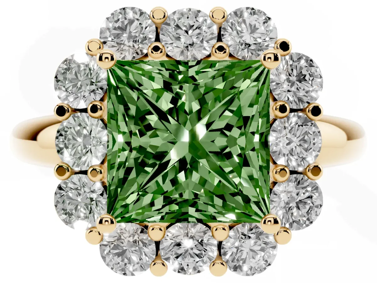 Fancy Green Princess Cut Halo Milgrain Solitaire with Bezel Set Side Stones and Pave Band Yellow gold