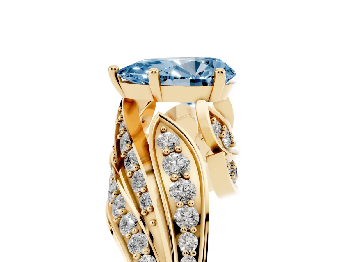 Fancy Blue Pear Cut Diamond Solitaire Ring with Prong Setting and Twisted Pavé Band Yellow gold