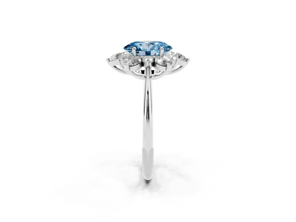 Fancy Blue Oval Cut Diamond Cluster Halo Ring with Solitaire Band and Four-Prong Setting Silver