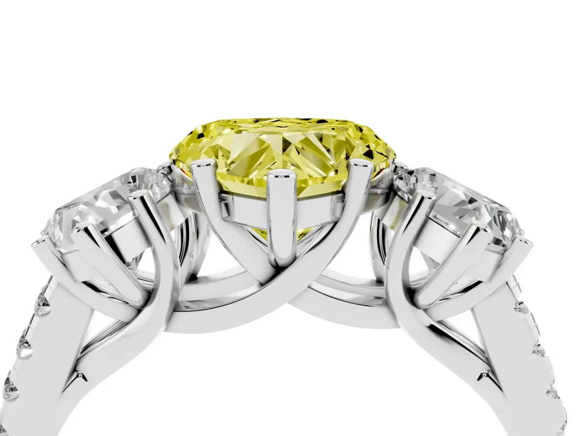 Fancy Yellow Three-Stone Heart Cut Diamond Ring with Round Pavé Band and Prong Setting Silver