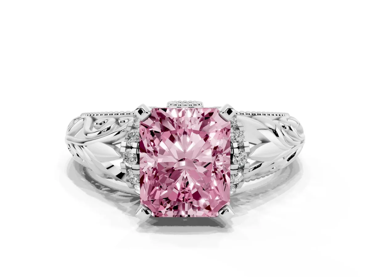 Fancy Pink Radiant Cut Solitaire Filigree Engagement Ring with Halo and Prong Setting Silver