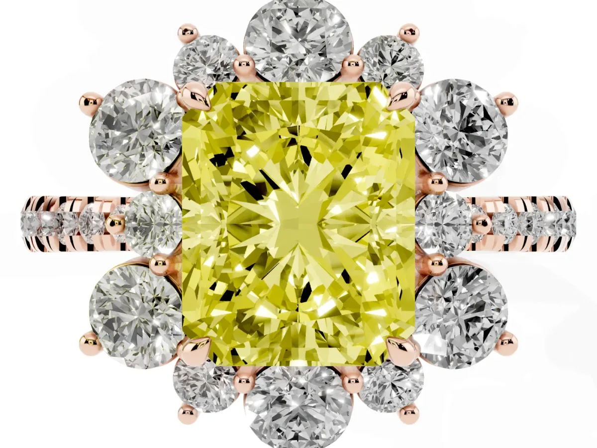 Fancy Yellow Radiant Cut Diamond Floral Halo Ring with Round Pavé Band and Prong Setting Rose gold
