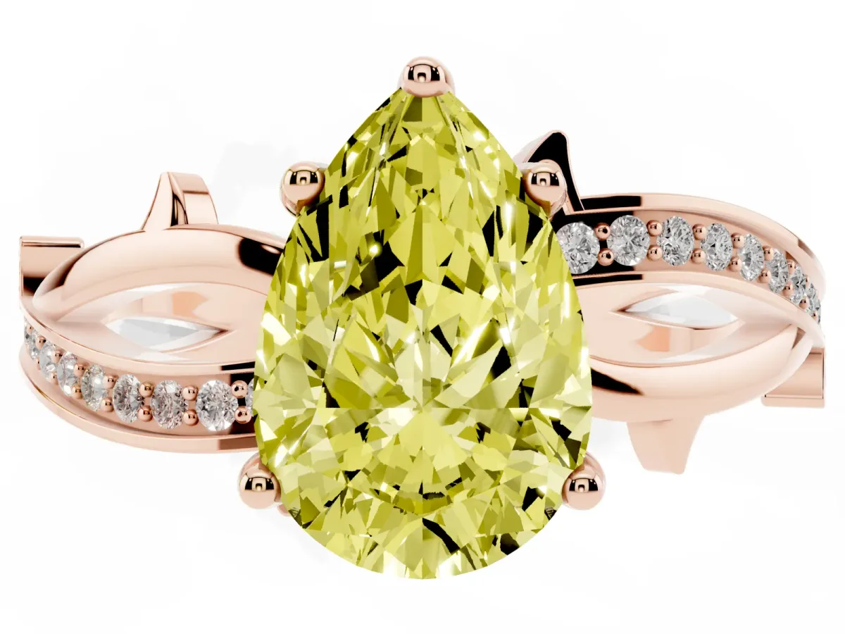 Fancy Yellow Pear Cut Solitaire Twist Band with Pavé Accents and Four-Prong Setting Rose gold
