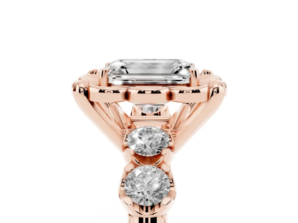 Emerald Cut Cut Diamond Floral Halo Engagement Ring with Shared Prong Setting Rose gold