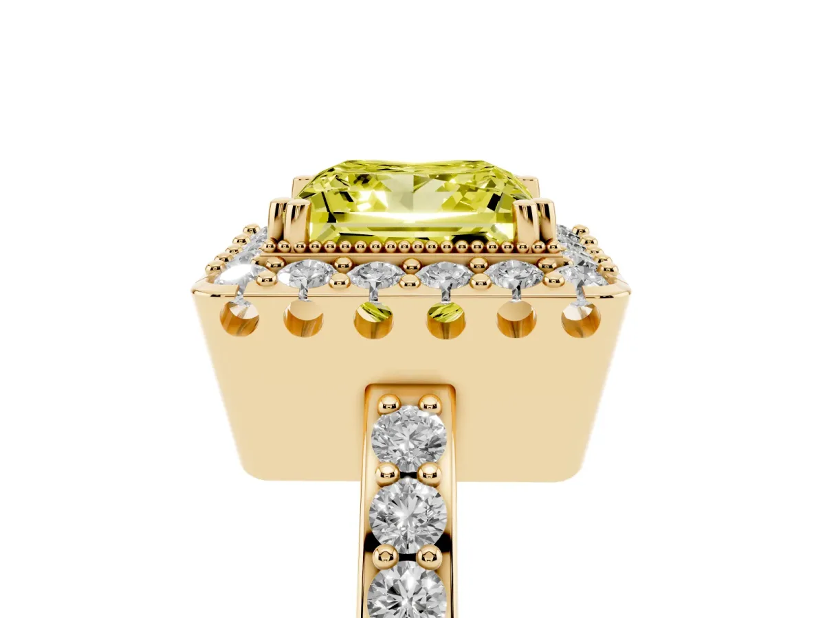Fancy Yellow Princess Cut Diamond Halo Ring with Pavé Band and Prong Setting Yellow gold