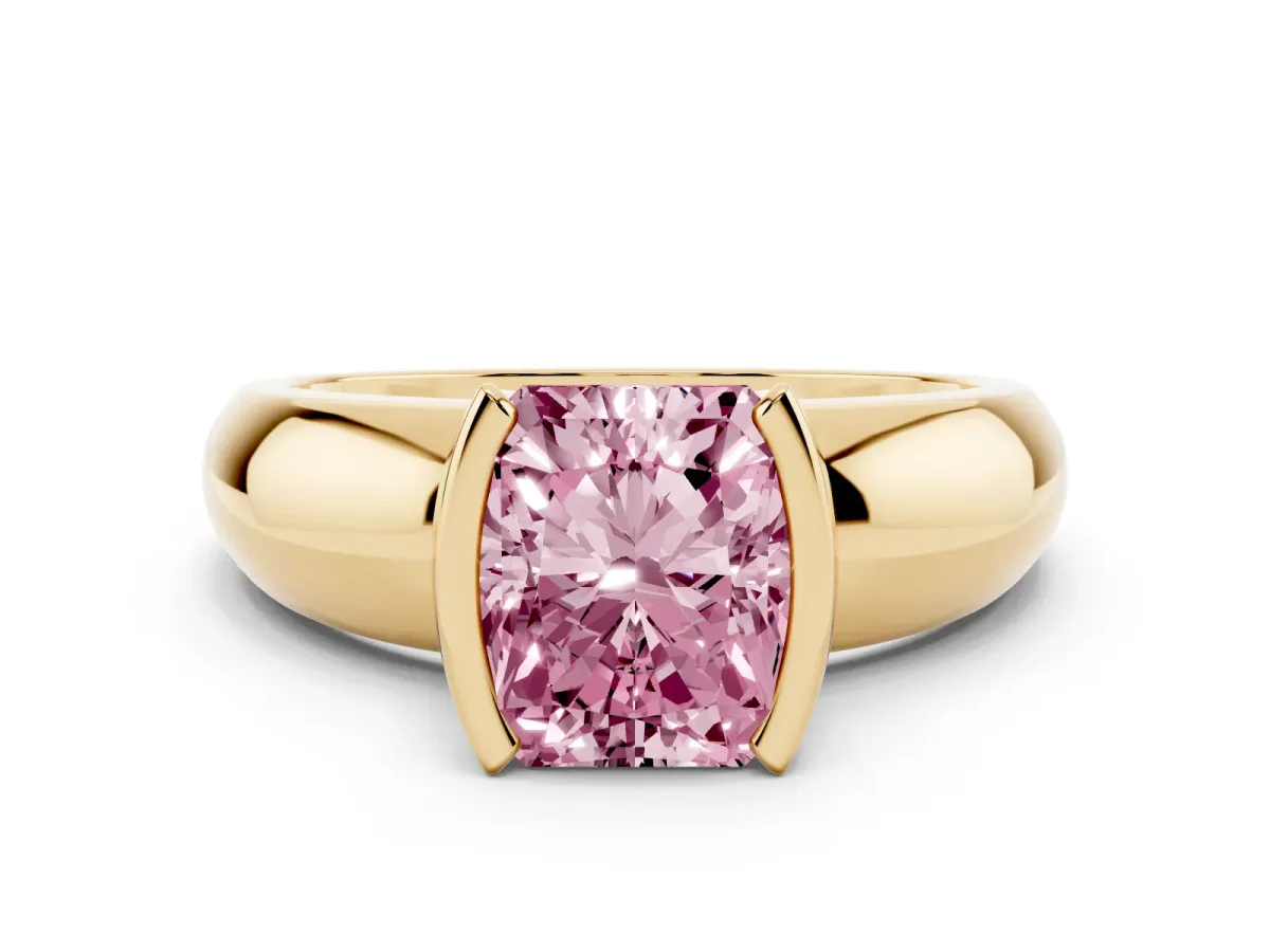 Fancy Pink Radiant Cut Solitaire Tension Set Diamond Ring with Wide Band Yellow gold